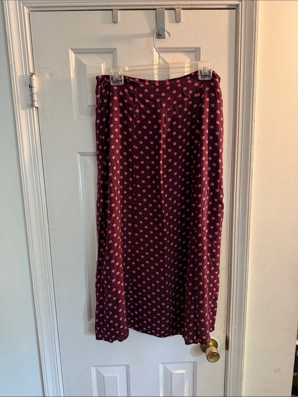 Anthropologie Maroon A-Line Skirt with Pink Polka Dots - Picture 2 of 7
